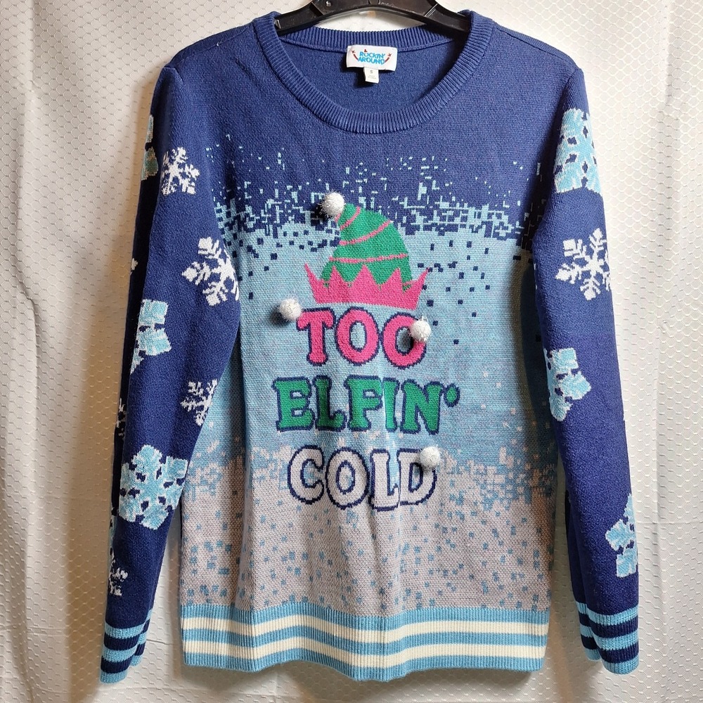 ROCKIN' AROUND Too Elfin Cold Ugly Christmas Sweater Sz S Blue Snowflakes Elf